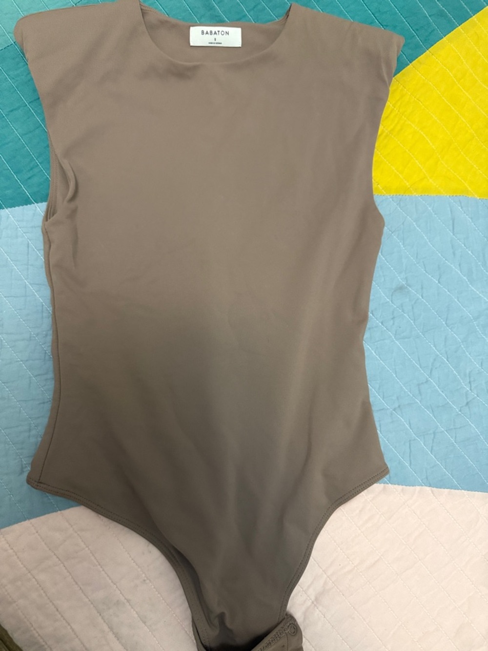 Babaton Neutral Taupe Crewneck Sleeveless Bodysuit with Shoulder Pads